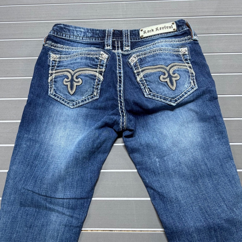 Rock Revival Mattie S6 Skinny Jeans Womens 30 Dark Wash Fleur De Lis Distressed